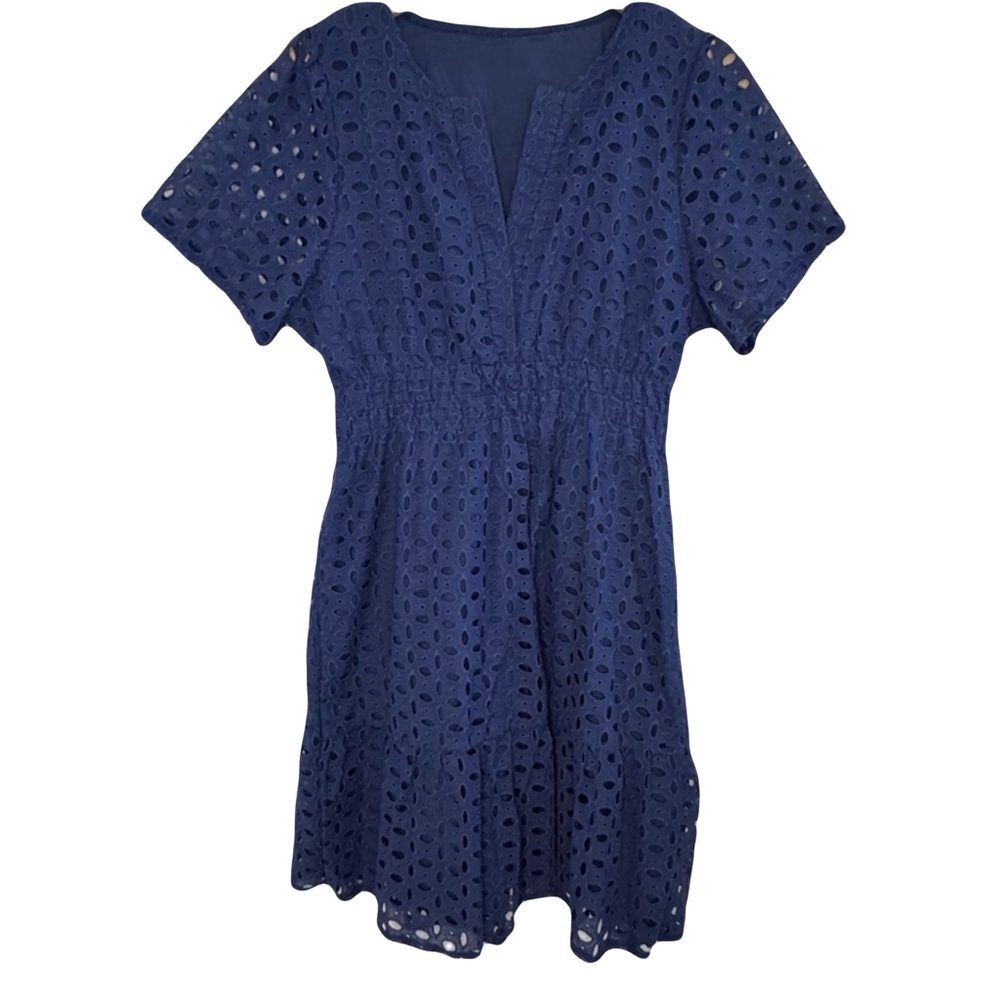 Blue Eyelet V-Neck Lined Midi Dress Size L